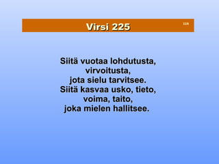 Virsi 225
                            33/8




Siitä vuotaa lohdutusta,
       virvoitusta,
   jota sielu tarvitsee.
Siitä kasvaa usko, tieto,
       voima, taito,
 joka mielen hallitsee.
 