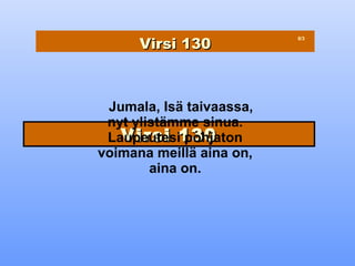Virsi 130
                          8/3




 Jumala, Isä taivaassa,
 nyt ylistämme sinua.
 Laupeutesi130
   Virsi pohjaton
voimana meillä aina on,
        aina on.
 