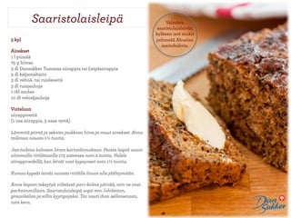 ٴǱ𾱱ä                                             Valmista
                                                                   saaristolaisleivän
                                                                   kylkeen isot mukit
3 kpl                                                              pehmeää Abuelan
                                                                      maitokahvia.
Ainekset
1 l piimää
75 g hiivaa
3 dl Dansukker Tummaa siirappia tai Leipäsiirappia
3 dl kaljamaltaita
3 dl vehnä- tai ruisleseitä
3 dl ruisjauhoja
1 rkl suolaa
10 dl vehnäjauhoja

Voiteluun
siirappivettä
(1 osa siirappia, 3 osaa vettä)

Lämmitä piimä ja sekoita joukkoon hiiva ja muut ainekset. Anna
taikinan nousta 1½ tuntia.

Jaa taikina kolmeen litran kartonkivuokaan. Paista leipiä uunin
alimmalla ritilätasolla 175 asteessa noin 2 tuntia. Valele
siirappivedellä, kun leivät ovat kypsyneet noin 1½ tuntia.

Kumoa kypsät leivät vuoista ritilälle liinan alle jäähtymään.

Anna leipien tekeytyä viileässä pari–kolme päivää, niin ne ovat
parhaimmillaan. ٴǱ𾱱ä sopii mm. lohikeiton,
graavikalan ja sillin kyytipojaksi. Tai nauti ihan sellaisenaan,
voin kera.
 