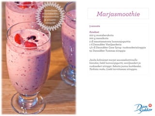 Terveellinen
välipalaherkku:
Marjasmoothie           Marjasmoothie
  ja pinaatti-
   sämpylät
                  3 annosta

                  Ainekset
                  200 g mustaherukoita
                  200 g mansikoita
                  2 dl maustamatonta luonnonjogurttia
                  1 tl Dansukker Vaniljasokeria
                  1/2 dl Dansukker Cane Syrup -ruokosokerisiirappia
                  tai Dansukker Tummaa siirappia


                  Jauha kohmeiset marjat sauvasekoittimella
                  hienoksi, lisää luonnonjogurtti, vaniljasokeri ja
                  ruokosokeri-siirappi. Sekoita juoma kuohkeaksi.
                  Tarkista maku. Lisää tarvittaessa siirappia.
 