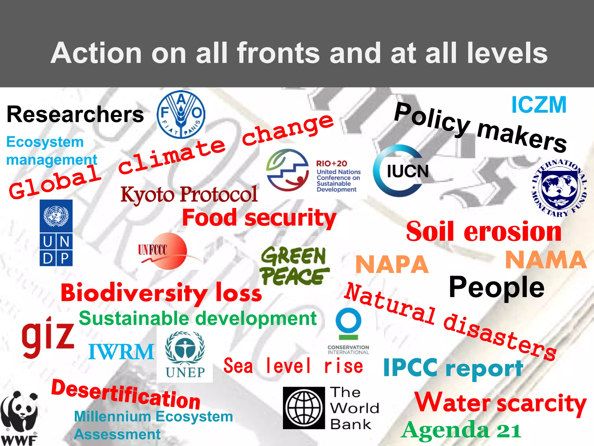 Action on all fronts and at all levels
Researchers                                        ICZM
Ecosystem
management

             Kyoto Protocol
                   Food security
                                          Soil erosion
                                             People
       Sustainable development
        IWRM
                         Sea level rise

       Millennium Ecosystem
                                          Water  scarcity  
       Assessment                         Agenda 21
 