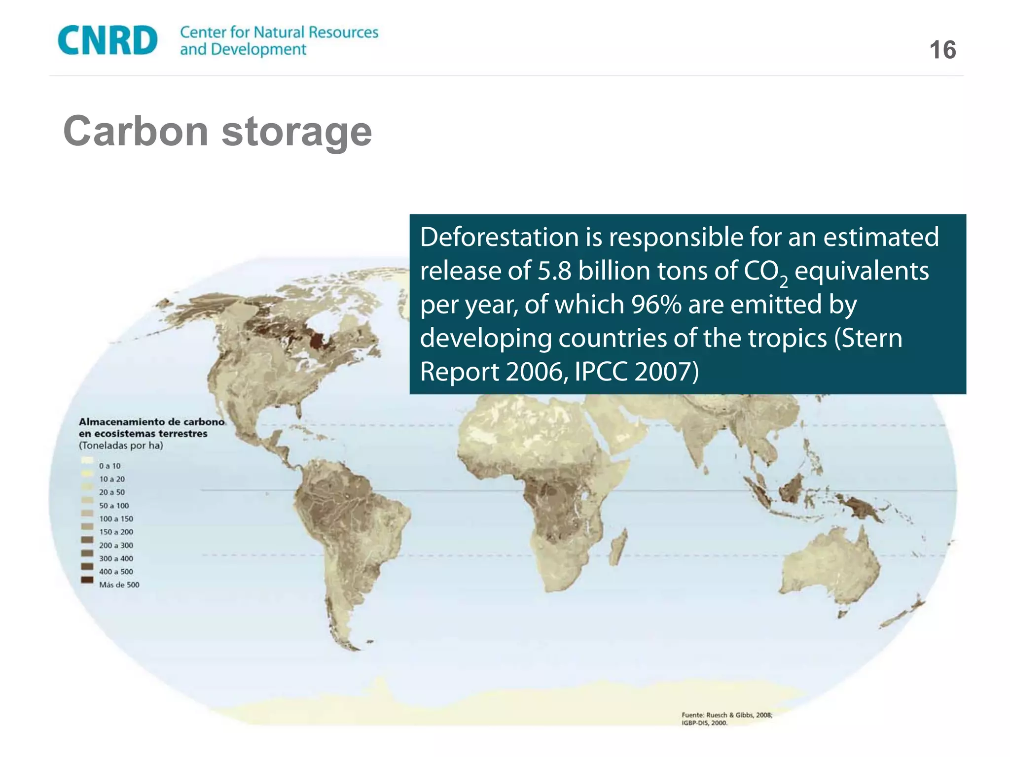 16


Carbon storage

                 Deforestation is responsible for an estimated
                 release of 5.8 billion tons of CO2 equivalents
                 per year, of which 96% are emitted by
                 developing countries of the tropics (Stern
                 Report 2006, IPCC 2007)
 