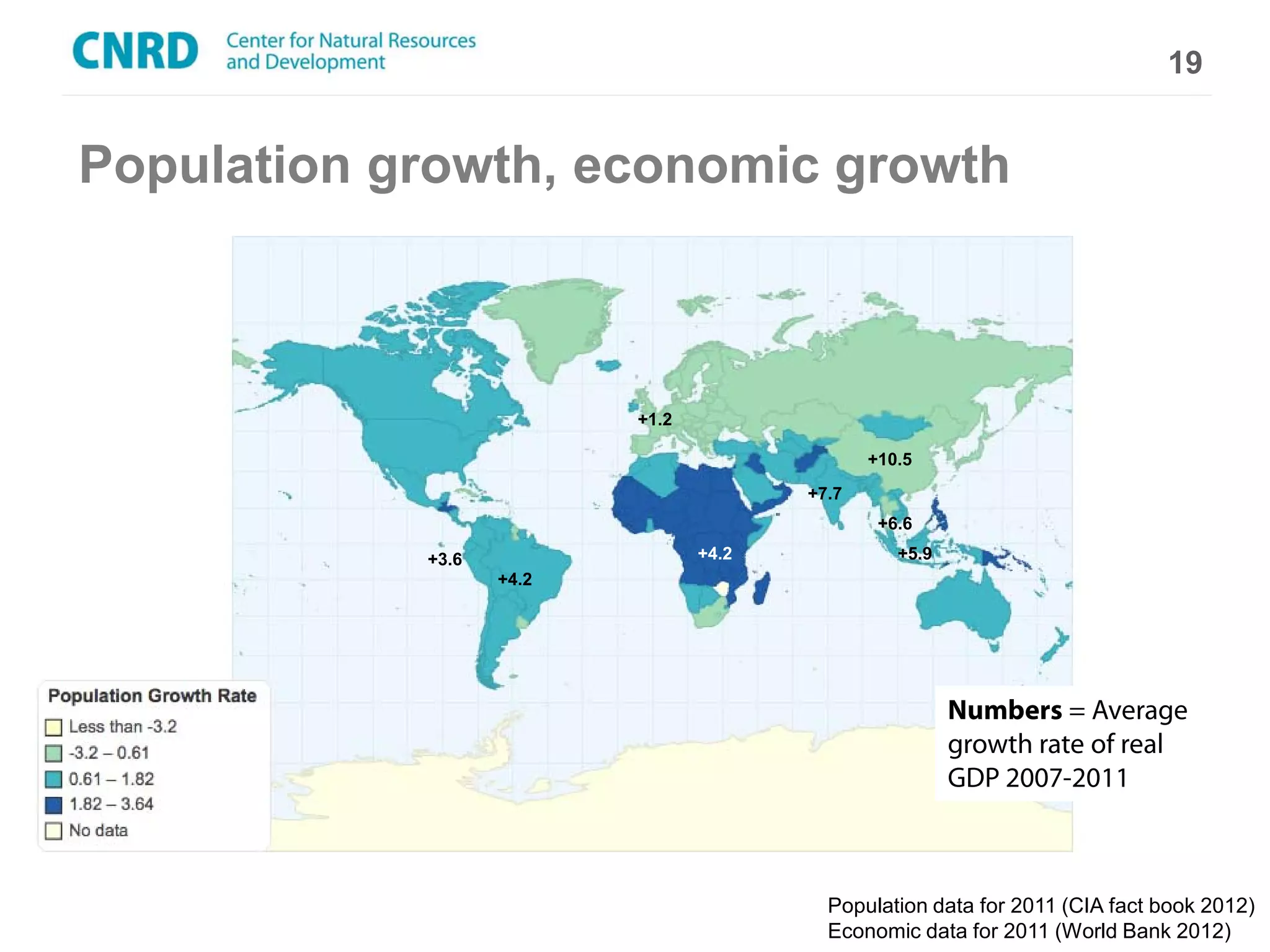 19


Population growth, economic growth



                          +1.2

                                               +10.5
                                        +7.7
                                                +6.6

            +3.6                 +4.2             +5.9
                   +4.2




                                                         Numbers = Average
                                                         growth rate of real
                                                         GDP 2007-2011



                                          Population data for 2011 (CIA fact book 2012)
                                          Economic data for 2011 (World Bank 2012)
 