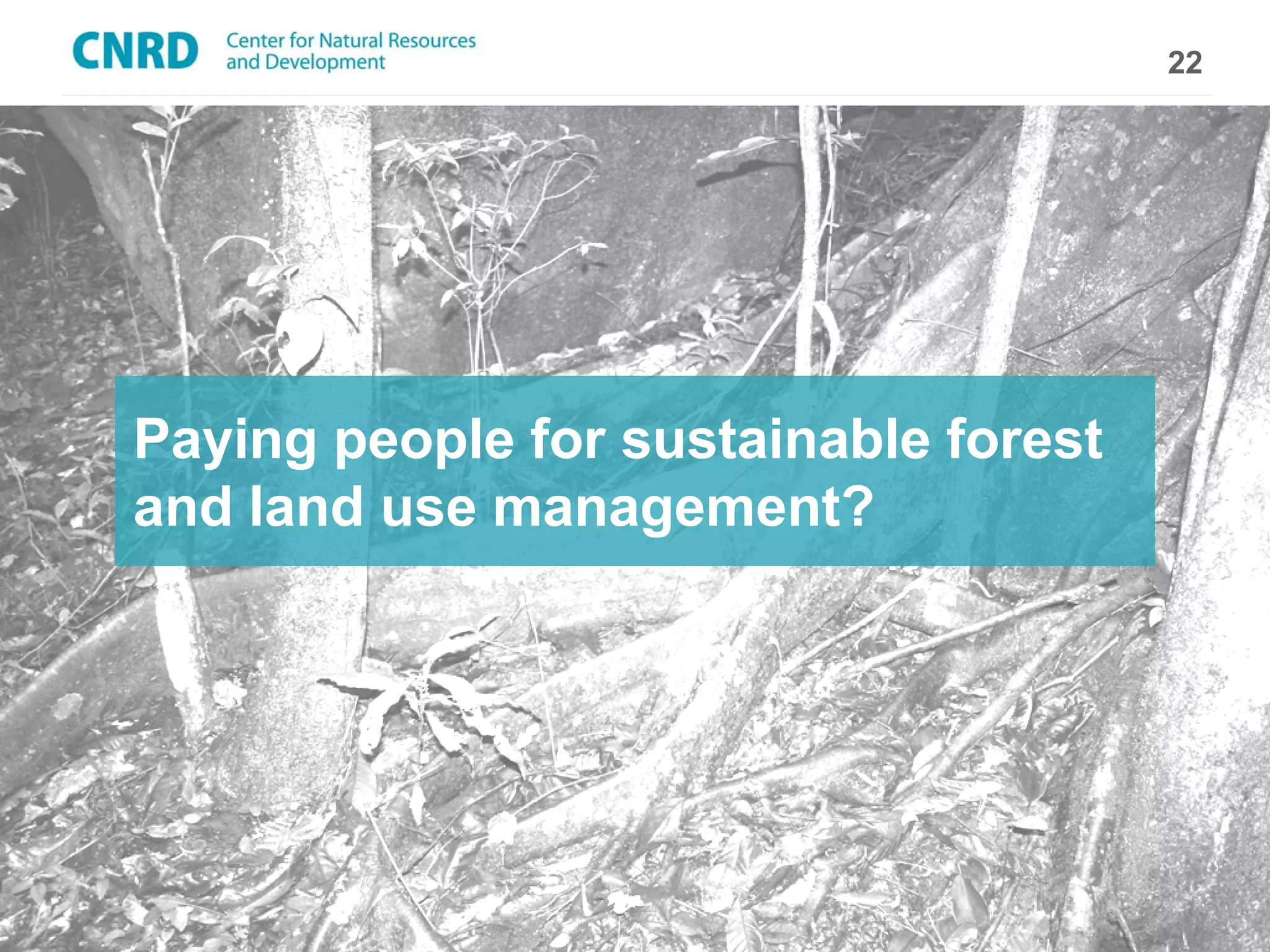 22



Mechanismen:
CDM
REDD+
Paying people for sustainable forest
and land use management?
PES
 