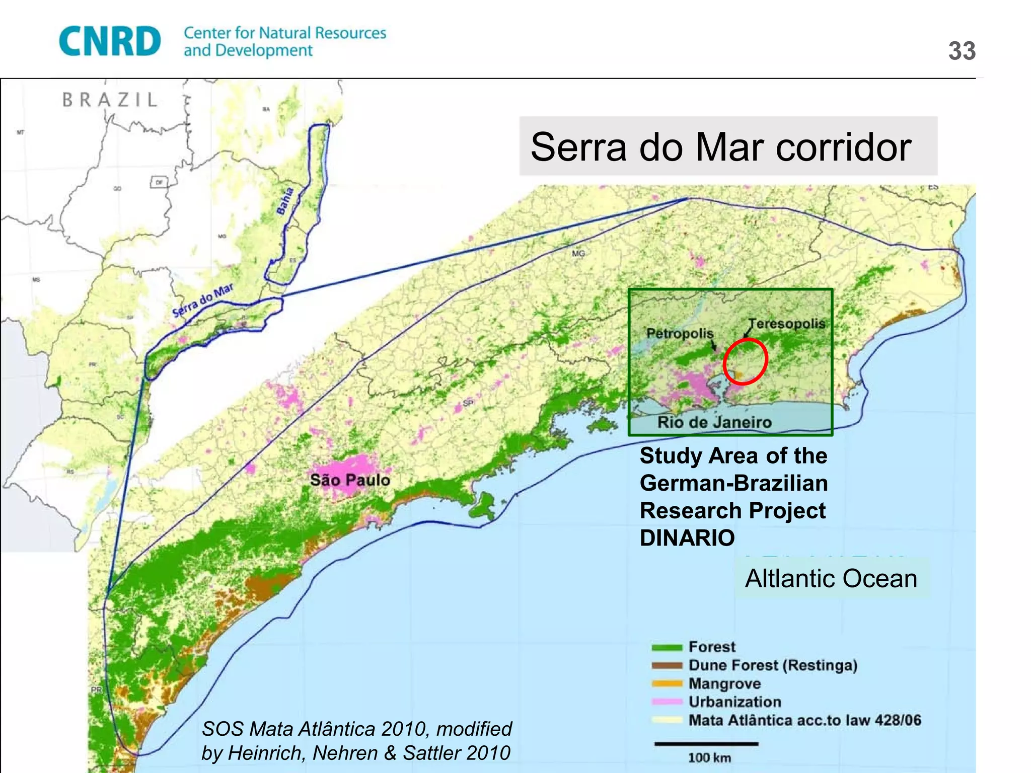 33


                                     Serra do Mar corridor




                                           Study Area of the
                                           German-Brazilian
                                           Research Project
                                           DINARIO
                                                    Altlantic Ocean




      Climate Change Scenarios
SOS Mata Atlântica 2010, modified
by Heinrich, Nehren & Sattler 2010
 