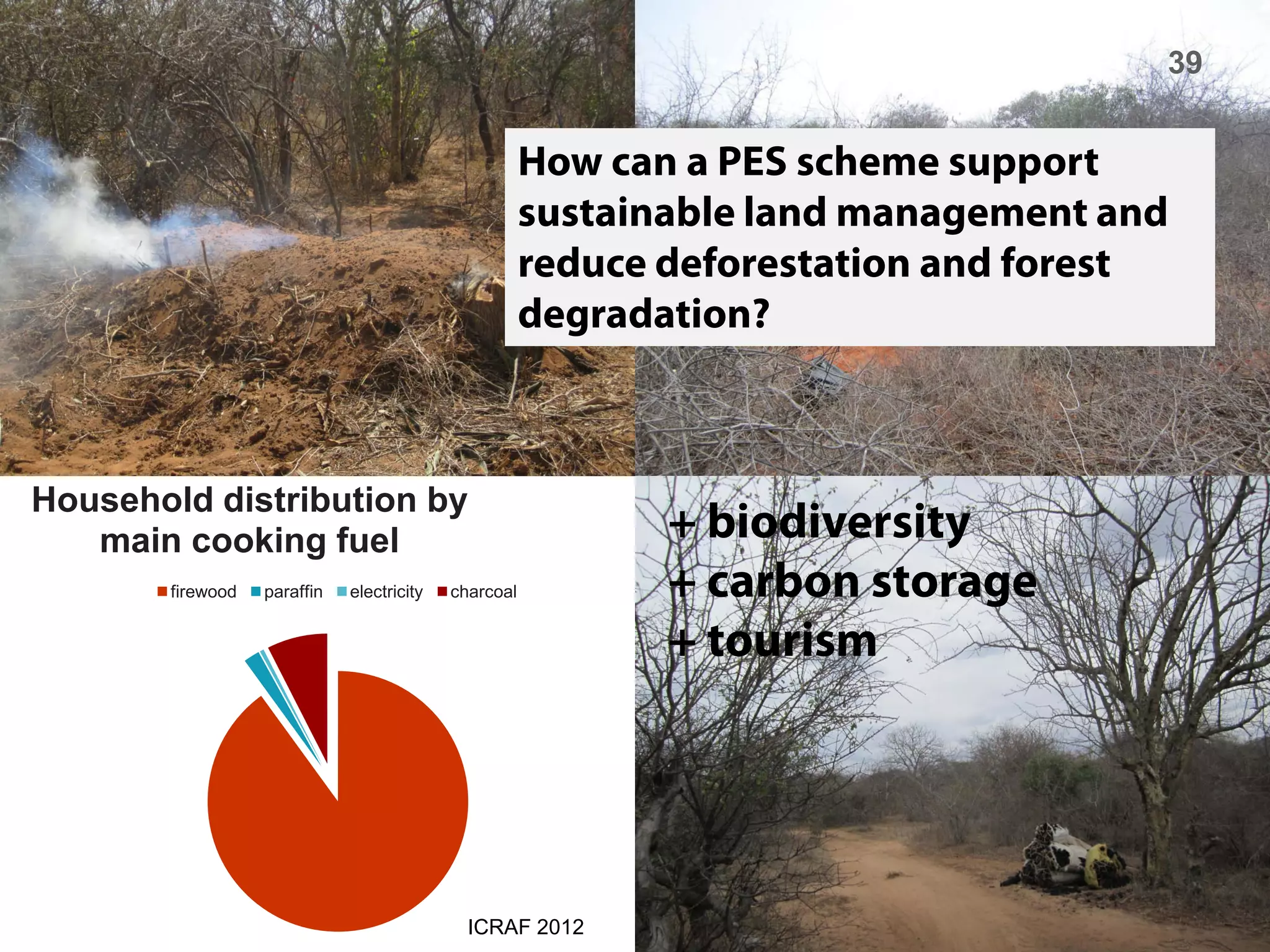 39


                                                      How can a PES scheme support
                                                      sustainable land management and
                                                      reduce deforestation and forest
                                                      degradation?



Household distribution by
   main cooking fuel                                         + biodiversity
       firewood   paraffin   electricity   charcoal          + carbon storage
                                                             + tourism




                                             ICRAF 2012
 