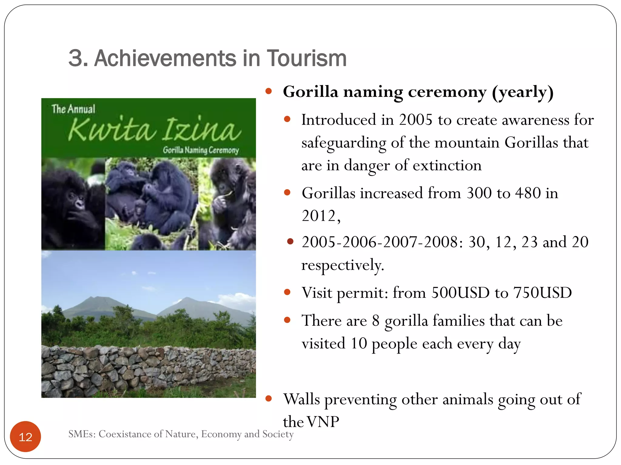 3. Achievements in Tourism
                                                  Gorilla naming ceremony (yearly)
                                                    Introduced in 2005 to create awareness for
                                                    safeguarding of the mountain Gorillas that
                                                    are in danger of extinction
                                                    Gorillas increased from 300 to 480 in
                                                    2012,
                                                    2005-2006-2007-2008: 30, 12, 23 and 20
                                                    respectively.
                                                    Visit permit: from 500USD to 750USD
                                                    There are 8 gorilla families that can be
                                                    visited 10 people each every day

                                                  Walls preventing other animals going out of
                                                  the VNP
12   SMEs: Coexistance of Nature, Economy and Society
 