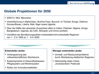 Globale Projektionen für 2050 2050 9,1 Mrd. Menschen  Verdreifachung in Afghanistan, Burkina Faso, Burundi, im Tschad, Kongo, Osttimor, Guinea-Bissau, Liberia, Mali, Niger sowie Uganda Über die Hälfte des absoluten Zuwachses allein in Indien, Pakistan, Nigeria, Kongo, Bangladesch, Uganda, die USA, Äthiopien und China (sortiert) Verhältnis der Bevölkerungszahlen entwickelte/nicht entwickelte Regionen  von 1 : 2 in 1950 zu 1 :  6 in 2050 Entwickelte Länder Verlangsamung des volkswirtschaftlichen Wachstums Kostendynamik im Gesundheitswesen, Pflegesystem und Rentensystem Risiko von Innovationsdefiziten Weniger entwickelte Länder Umwelt- und Ressourcenprobleme durch Überlastung städtischer Regionen Gleichzeitig relativ hohes „revolutionäres“ Potenzial 