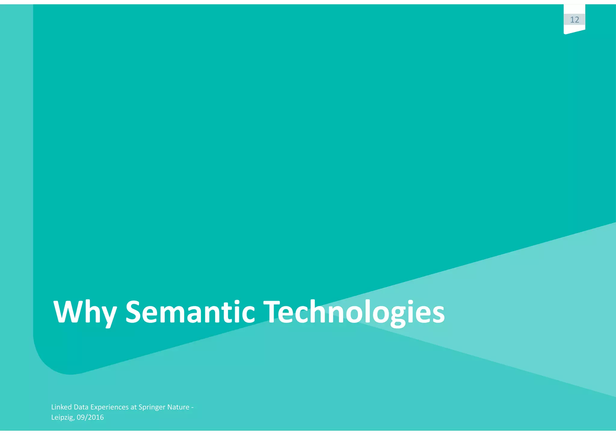 Linked	Data	Experiences	at	Springer	Nature	-	
Leipzig,	09/2016
12
Why	Semantic	Technologies
 