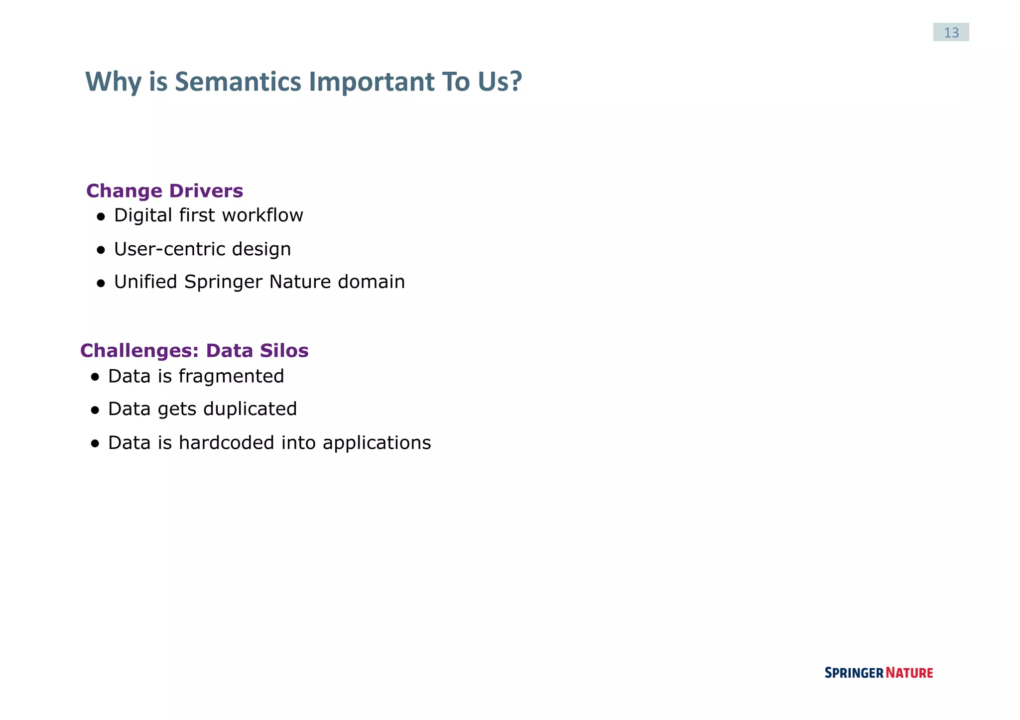 13
Why	is	Semantics	Important	To	Us?
Challenges: Data Silos
● Data is fragmented
● Data gets duplicated
● Data is hardcoded into applications
Change Drivers
● Digital first workflow
● User-centric design
● Unified Springer Nature domain
 