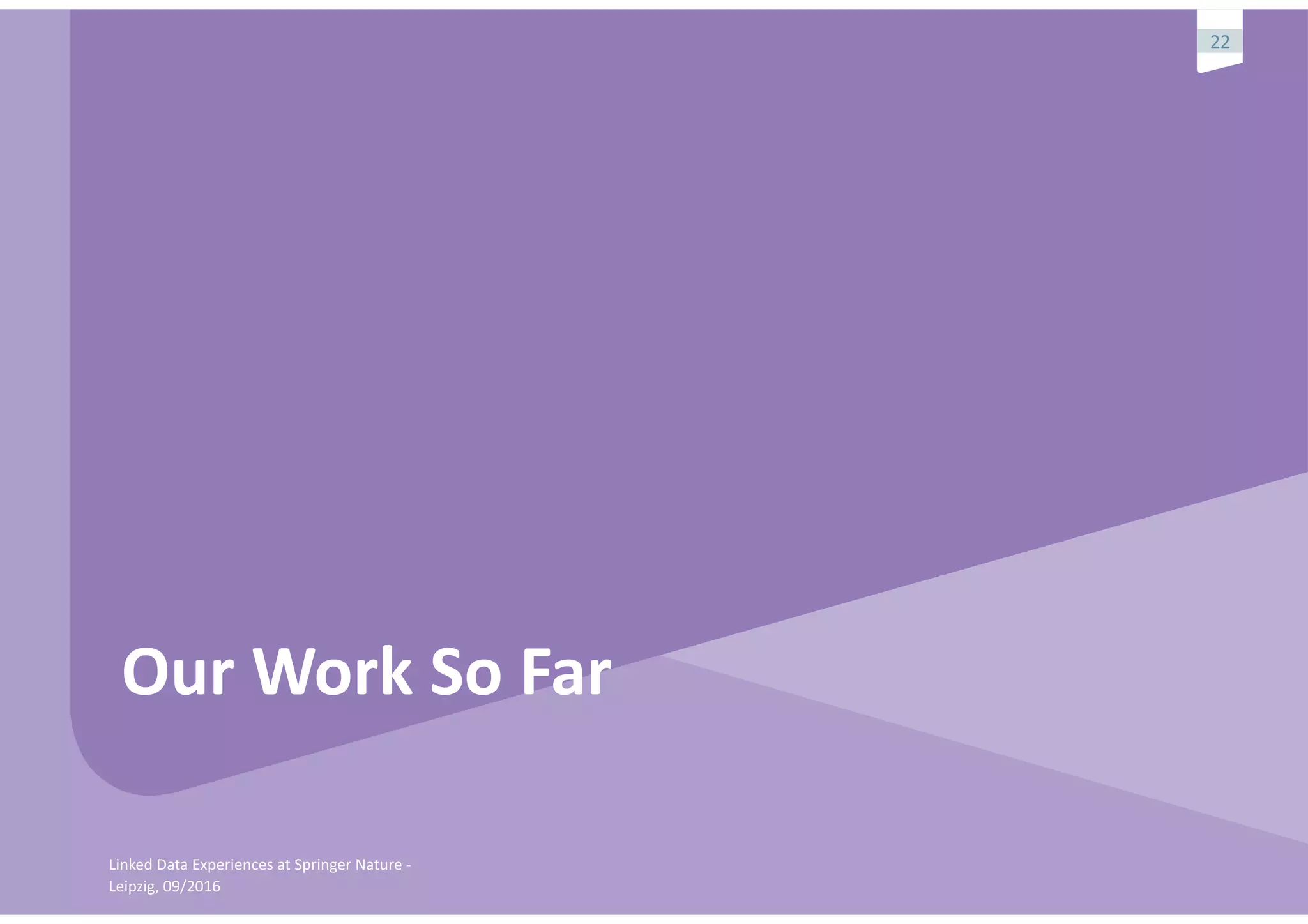 Linked	Data	Experiences	at	Springer	Nature	-	
Leipzig,	09/2016
22
Our	Work	So	Far
 