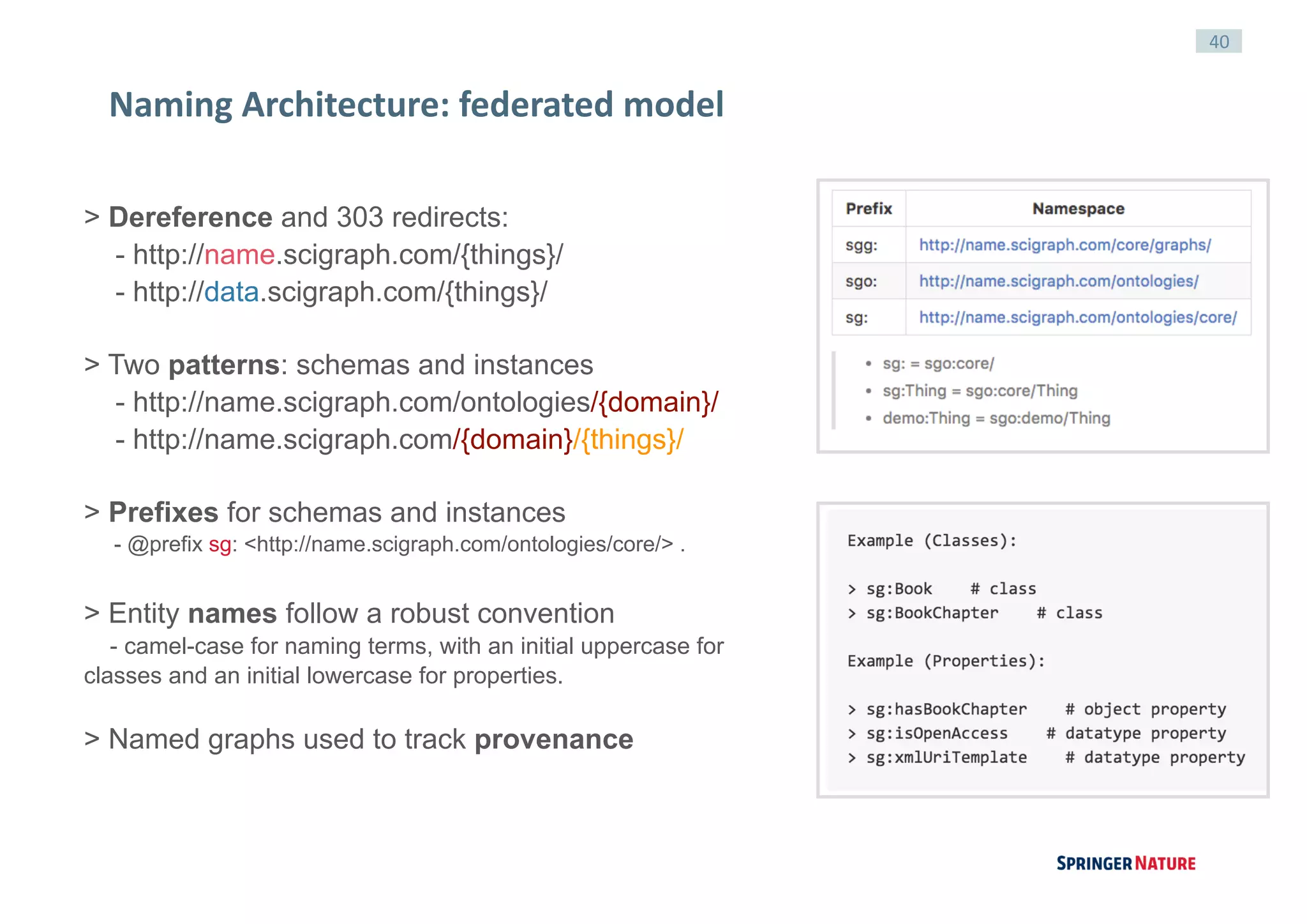 40
Naming	Architecture:	federated	model
> Dereference and 303 redirects:
- http://name.scigraph.com/{things}/
- http://data.scigraph.com/{things}/
> Two patterns: schemas and instances
- http://name.scigraph.com/ontologies/{domain}/
- http://name.scigraph.com/{domain}/{things}/
> Prefixes for schemas and instances
- @prefix sg: <http://name.scigraph.com/ontologies/core/> .
> Entity names follow a robust convention
- camel-case for naming terms, with an initial uppercase for
classes and an initial lowercase for properties.
> Named graphs used to track provenance
 