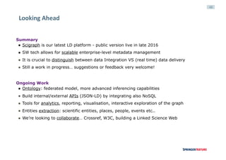 48
Looking	Ahead	
Summary
● Scigraph is our latest LD platform - public version live in late 2016
● SW tech allows for scalable enterprise-level metadata management
● It is crucial to distinguish between data Integration VS (real time) data delivery
● Still a work in progress… suggestions or feedback very welcome!
Ongoing Work
● Ontology: federated model, more advanced inferencing capabilities
● Build internal/external APIs (JSON-LD) by integrating also NoSQL
● Tools for analytics, reporting, visualisation, interactive exploration of the graph
● Entities extraction: scientific entities, places, people, events etc..
● We’re looking to collaborate… Crossref, W3C, building a Linked Science Web
 