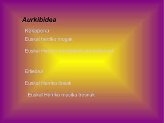 Aurkibidea
Kokapena
Euskal herriko mugak
Euskal Herriko herrialdeak eta hiriburuak

Erliebea
Euskal Herriko ibaiak
Euskal Herriko musika tresnak

 