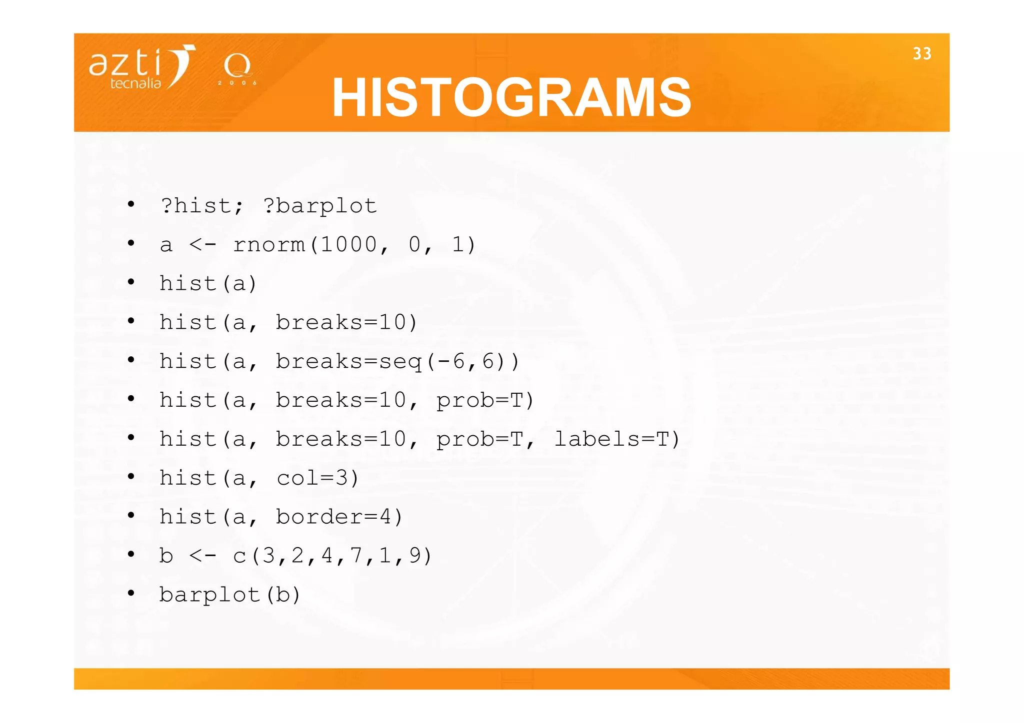 33


               HISTOGRAMS
• ?hist; ?barplot
• a <- rnorm(1000, 0, 1)
• hist(a)
• hist(a, breaks=10)
• hist(a, breaks=seq(-6,6))
• hist(a, breaks=10, prob=T)
• hist(a, breaks=10, prob=T, labels=T)
• hist(a, col=3)
• hist(a, border=4)
• b <- c(3,2,4,7,1,9)
• barplot(b)

                                         33
 