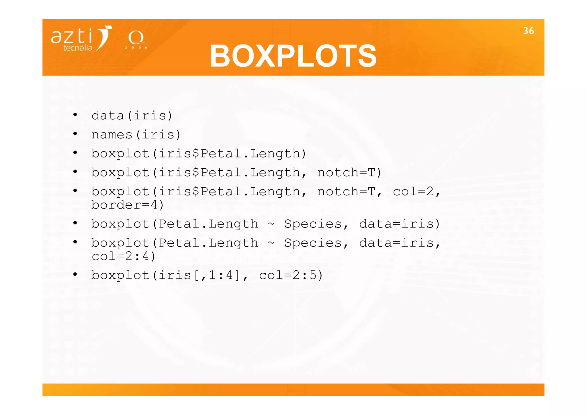 36


                BOXPLOTS
• data(iris)
• names(iris)
• boxplot(iris$Petal.Length)
• boxplot(iris$Petal.Length, notch=T)
• boxplot(iris$Petal.Length, notch=T, col=2,
  border=4)
• boxplot(Petal.Length ~ Species, data=iris)
• boxplot(Petal.Length ~ Species, data=iris,
  col=2:4)
• boxplot(iris[,1:4], col=2:5)




                                               36
 