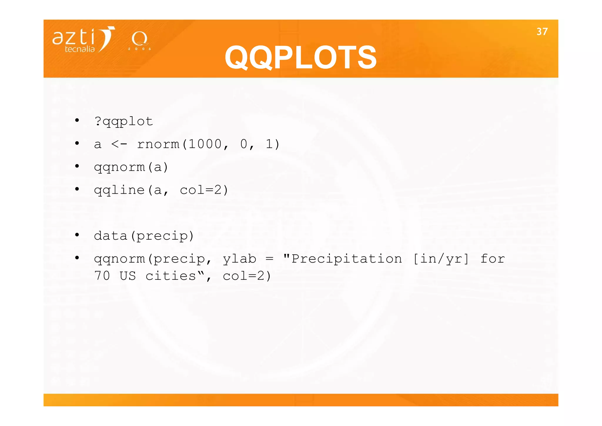 37


                 QQPLOTS
• ?qqplot
• a <- rnorm(1000, 0, 1)
• qqnorm(a)
• qqline(a, col=2)


• data(precip)
• qqnorm(precip, ylab = "Precipitation [in/yr] for
  70 US cities“, col=2)




                                                     37
 