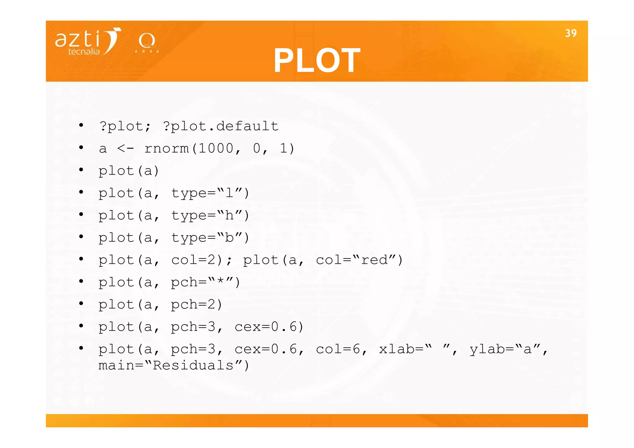 39


                       PLOT
•   ?plot; ?plot.default
•   a <- rnorm(1000, 0, 1)
•   plot(a)
•   plot(a, type=“l”)
•   plot(a, type=“h”)
•   plot(a, type=“b”)
•   plot(a, col=2); plot(a, col=“red”)
•   plot(a, pch=“*”)
•   plot(a, pch=2)
•   plot(a, pch=3, cex=0.6)
•   plot(a, pch=3, cex=0.6, col=6, xlab=“ ”, ylab=“a”,
    main=“Residuals”)

                                                         39
 