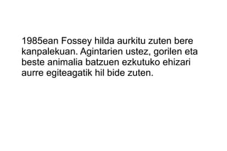 1985ean Fossey hilda aurkitu zuten bere
kanpalekuan. Agintarien ustez, gorilen eta
beste animalia batzuen ezkutuko ehizari
aurre egiteagatik hil bide zuten.
 
