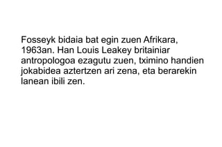 Fosseyk bidaia bat egin zuen Afrikara,
1963an. Han Louis Leakey britainiar
antropologoa ezagutu zuen, tximino handien
jokabidea aztertzen ari zena, eta berarekin
lanean ibili zen.
 