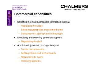 Commercial capabilities

• Selecting the most appropriate contracting strategy
    – Packaging the scope
    – Selecting appropriate procurement route
    – Selecting most appropriate contract type
• Identifying and selecting potential suppliers
    – Negotiating the deal
• Administering contract through life-cycle
    – Tender documentation
    – Settling interim and final accounts
    – Responding to claims
    – Resolving disputes
 