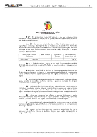 Terça-feira, 13 de Outubro de 2015 | Edição N° 673 | Cardeno I
Documento assinado digitalmente conforme MP nº 2.200-2 de 24/08/2001, que institui a Infraestrutura de Chaves Públicas Brasileira - ICP-Brasil.
8
ESTADO DA BAHIA
PREFEITURA MUNICIPAL DE ILHÉUS
GABINETE DO PREFEITO
§ 5º - O condomínio horizontal fechado é de uso exclusivamente
residencial, sendo permitida a construção de apenas uma unidade residencial familiar
em cada unidade autônoma.
Art. 24 - No ato da solicitação do pedido de diretrizes deverá ser
especificada a intenção de implantação da modalidade de condomínio horizontal
fechado, apresentando o quadro de áreas, com identificação da metragem das áreas
privativas e das áreas de uso comum, bem como a fração ideal sobre o terreno,
conforme quadro abaixo:
Descrição das Unidades
Autônomas
Áreas Privativas Áreas de Uso
Comum
Fração Ideal Sobre
Terreno (% por m²)
Totalizando:........... unidades 100,00
Art. 25 - Será obrigatória a execução por parte do proprietário da gleba
destinada ao condomínio horizontal fechado, as seguintes obras e equipamentos
urbanos:
I - abertura e pavimentação das vias de circulação e calçada, inclusive vias
de acesso, especialmente no tocante às questões de acessibilidade de cadeirantes e
cegos, conforme normas e padrões técnicos dos órgãos competentes e exigências
legais.
II - obras destinadas ao escoamento de águas pluviais, inclusive galerias,
guias, sarjetas e canaletas, conforme normas e padrões técnicos dos órgãos
competentes e exigências legais;
III – construção de sistema de coleta e tratamento de esgoto sanitário
individual, através do sistema próprio consistente em estação de tratamento de
esgotos (ETE) devidamente aprovada pelo prestador do serviço de abastecimento de
água e tratamento de esgoto, quando não houver redes próximas à área condominial.
IV - obras de contenção de taludes e aterros, destinadas a evitar
desmoronamentos e o assoreamento de águas correntes ou dormentes, conforme
normas e padrões técnicos dos órgãos competentes e exigências legais;
V - construção de rede de energia elétrica, conforme normas e padrões
técnicos exigidos pelo órgão, entidade ou empresa concessionária do serviço público
de energia elétrica;
VI - obras e serviços destinados ao tratamento paisagístico das vias e
logradouros; conforme normas e padrões técnicos dos órgãos competentes e
exigências legais;
 