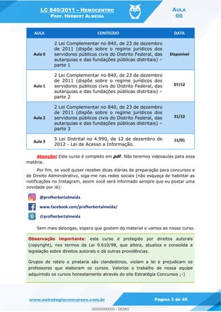 LC 840/2011 HEMOCENTRO
PROF. HERBERT ALMEIDA
AULA
00
www.estrategiaconcursos.com.br Página 3 de 45
AULA CONTEÚDO DATA
Aula 0
2 Lei Complementar no 840, de 23 de dezembro
de 2011 (dispõe sobre o regime jurídicos dos
servidores públicos civis do Distrito Federal, das
autarquias e das fundações públicas distritais)
parte 1
Disponível
Aula 1
2 Lei Complementar no 840, de 23 de dezembro
de 2011 (dispõe sobre o regime jurídicos dos
servidores públicos civis do Distrito Federal, das
autarquias e das fundações públicas distritais)
parte 2
07/12
Aula 2
2 Lei Complementar no 840, de 23 de dezembro
de 2011 (dispõe sobre o regime jurídicos dos
servidores públicos civis do Distrito Federal, das
autarquias e das fundações públicas distritais)
parte 3
21/12
Aula 3
5 Lei Distrital no 4.990, de 12 de dezembro de
2012 - Lei de Acesso a Informação.
11/01
Atenção! Este curso é completo em pdf. Não teremos videoaulas para essa
matéria.
Por fim, se você quiser receber dicas diárias de preparação para concursos e
de Direito Administrativo, siga-me nas redes sociais (não esqueça de habilitar as
notificações no Instagram, assim você será informado sempre que eu postar uma
novidade por lá):
@profherbertalmeida
www.facebook.com/profherbertalmeida/
profherbertalmeida
Sem mais delongas, espero que gostem do material e vamos ao nosso curso.
Observação importante: este curso é protegido por direitos autorais
(copyright), nos termos da Lei 9.610/98, que altera, atualiza e consolida a
legislação sobre direitos autorais e dá outras providências.
Grupos de rateio e pirataria são clandestinos, violam a lei e prejudicam os
professores que elaboram os cursos. Valorize o trabalho de nossa equipe
adquirindo os cursos honestamente através do site Estratégia Concursos ;-)
00000000000
00000000000 - DEMO
 