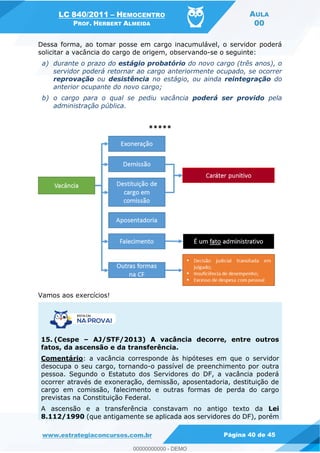 LC 840/2011 HEMOCENTRO
PROF. HERBERT ALMEIDA
AULA
00
www.estrategiaconcursos.com.br Página 40 de 45
Dessa forma, ao tomar posse em cargo inacumulável, o servidor poderá
solicitar a vacância do cargo de origem, observando-se o seguinte:
a) durante o prazo do estágio probatório do novo cargo (três anos), o
servidor poderá retornar ao cargo anteriormente ocupado, se ocorrer
reprovação ou desistência no estágio, ou ainda reintegração do
anterior ocupante do novo cargo;
b) o cargo para o qual se pediu vacância poderá ser provido pela
administração pública.
*****
Vamos aos exercícios!
15. (Cespe AJ/STF/2013) A vacância decorre, entre outros
fatos, da ascensão e da transferência.
Comentário: a vacância corresponde às hipóteses em que o servidor
desocupa o seu cargo, tornando-o passível de preenchimento por outra
pessoa. Segundo o Estatuto dos Servidores do DF, a vacância poderá
ocorrer através de exoneração, demissão, aposentadoria, destituição de
cargo em comissão, falecimento e outras formas de perda do cargo
previstas na Constituição Federal.
A ascensão e a transferência constavam no antigo texto da Lei
8.112/1990 (que antigamente se aplicada aos servidores do DF), porém
00000000000
00000000000 - DEMO
 