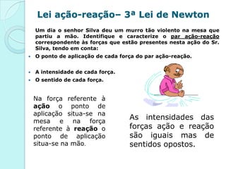 Lei ação-reação– 3ª Lei de Newton
    Um dia o senhor Silva deu um murro tão violento na mesa que
    partiu a mão. Identifique e caracterize o par ação-reação
    correspondente às forças que estão presentes nesta ação do Sr.
    Silva, tendo em conta:
   O ponto de aplicação de cada força do par ação-reação.


   A intensidade de cada força.
   O sentido de cada força.


    Na força referente à
    ação o ponto de
    aplicação situa-se na
    mesa e na força
                                    As intensidades das
    referente à reação o            forças ação e reação
    ponto de aplicação              são iguais mas de
    situa-se na mão.                sentidos opostos.
 