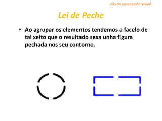 Lei de Peche
• Ao agrupar os elementos tendemos a facelo de
tal xeito que o resultado sexa unha figura
pechada nos seu contorno.
Leis da percepción visual
 