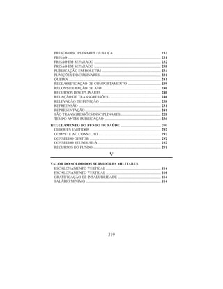 319
PRESOS DISCIPLINARES / JUSTIÇA .................................................... 232
PRISÃO ...................................................................................................... 231
PRISÃO EM SEPARADO ......................................................................... 232
PRISÃO EM SEPARADO ......................................................................... 238
PUBLICAÇÃO EM BOLETIM ................................................................. 234
PUNIÇÕES DISCIPLINARES .................................................................. 231
QUEIXA ..................................................................................................... 241
RECLASSIFICAÇÃO DE COMPORTAMENTO .................................... 239
RECONSIDERAÇÃO DE ATO ................................................................ 240
RECURSOS DISCIPLINARES ................................................................. 240
RELAÇÃO DE TRANSGRESSÕES ......................................................... 246
RELEVAÇÃO DE PUNIÇÃO ................................................................... 238
REPREENSÃO .......................................................................................... 231
REPRESENTAÇÃO................................................................................... 241
SÃO TRANSGRESSÕES DISCIPLINARES............................................ 228
TEMPO ANTES PUBLICAÇÃO .............................................................. 236
REGULAMENTO DO FUNDO DE SAÚDE ............................................ 290
CHEQUES EMITIDOS.............................................................................. 292
COMPETE AO CONSELHO .................................................................... 292
CONSELHO GESTOR .............................................................................. 292
CONSELHO REUNIR-SE-Á ..................................................................... 292
RECURSOS DO FUNDO .......................................................................... 291
V
VALOR DO SOLDO DOS SERVIDORES MILITARES
ESCALONAMENTO VERTICAL ............................................................ 114
ESCALONAMENTO VERTICAL ............................................................ 116
GRATIFICAÇÃO DE INSALUBRIDADE ............................................... 114
SALÁRIO MÍNIMO .................................................................................. 114
 