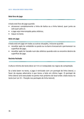 LEI 9 – BOLA EM JOGO E BOLA FORA



Bola fora de jogo


A bola está fora de jogo quando:
• atravessar completamente a linha de baliza ou a linha latera quer junto ao
                                                          teral,
   solo quer pelo ar;
• o jogo seja interrompido pelos árbitros;
• toque no tecto.

Bola em jogo

A bola está em jogo em todas as outras situações, inclusive quand
                                                              ando:
• ressaltar após ter embatido no poste ou na barra transversal e permanecer na
                                                              sal
   superfície de jogo;
• ressaltar após ter tocado num dos árbitros quando este se encontre dentro da
                                                               enc
   superfície de jogo.

Recinto fechado


A altura mínima do tecto deve ser 4 m e é estipulada nas regras da competição.

Se a bola bater no tecto, o jogo é reiniciado com um pontapé d linha lateral, a
                                                             é de
favor da equipa adversária à que tocou a bola em último lugar O pontapé de
                                                             ugar.
linha lateral será executado no ponto mais próximo do local onde a bola tocou no
                                                             nde
tecto (ver Lei 15 – Posição nos pontapés de linha lateral).




36
 