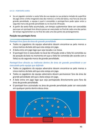 LEI 13 – PONTAPÉS-LIVRES

•   Se um jogador cometer a sexta falta da sua equipa na sua própria memetade da superfície
    de jogo entre a linha imaginária dos dez metros e a linha de baliza, m fora da área de
                                                                      a, mas
    grande penalidade, a equipa à qual é concedido o pontapé-livre p     pode optar entre a
    segunda marca de grande penalidade ou no local da infracção.
• A partir da sexta falta acumulada, um tempo suplementar deve ser concedido
                                                          dev
    para que um pontapé-livre directo possa ser executado no final de ca uma das partes
                                                                    e cada
    do tempo regulamentar ou no final de cada uma das partes do prolon
                                                                    olongamento.
Posição nos pontapés-livres

Pontapé-livre fora da área de grande penalidade
• Todos os jogadores da equipa adversária devem encontrar- pelo menos a
                                                               -se
   cinco metros da bola até que esta esteja em jogo.
• A bola entra em jogo logo que seja tocada e se mova.
• O pontapé-livre é executado no local da infracção onde a falta foi cometida ou
                                                            alta
   da posição da bola no momento em que a falta foi cometida (d acordo com a
                                                           da (de
   falta) ou da segunda marca de grande penalidade.
Pontapé-livre directo ou indirecto dentro da área de grande penalidade a ser
                                                          ep
executado pela equipa que defende
• Todos os jogadores da equipa adversária devem encontrar- pelo menos a
                                                            -se
   cinco metros da bola até que esta esteja em jogo.
• Todos os jogadores da equipa adversária devem permanecer fora da área de
                                                          cer
   grande penalidade até que a bola esteja em jogo.
• A bola entra em jogo logo que seja pontapeada directamen para fora da
                                                         mente
   área de grande penalidade.
• O pontapé-livre assinalado na área de grande penalidade pod ser executado
                                                          pode
   em qualquer ponto dentro dessa área.




                                                                                   45
 