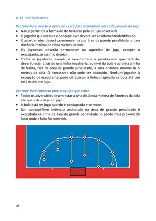 LEI 13 – PONTAPÉS-LIVRES

Pontapé-livre directo a partir da sexta falta acumulada em cada período do jogo
• Não é permitida a formação de barreiras pela equipa adversária.
• O jogador que executa o pontapé-livre deverá ser devidamente identificado.
• O guarda-redes deverá permanecer na sua área de grande penalidade, a uma
   distância mínima de cinco metros da bola.
• Os jogadores deverão permanecer na superfície de jogo, excepto o
   executante, se assim o desejar.
• Todos os jogadores, excepto o executante e o guarda-redes que defende,
   deverão estar atrás de uma linha imaginária, ao nível da bola e paralela à linha
   de baliza, fora da área de grande penalidade, a uma distância mínima de 5
   metros da bola. O executante não pode ser obstruído. Nenhum jogador, à
   excepção do executante, pode ultrapassar a linha imaginária da bola até que
   esta esteja em jogo.

Pontapé-livre indirecto para a equipa que ataca
• Todos os adversários devem estar a uma distância mínima de 5 metros da bola
   até que esta esteja em jogo.
• A bola está em jogo quando é pontapeada e se move.
• Um pontapé-livre indirecto assinalado na área de grande penalidade é
   executado na linha da área de grande penalidade no ponto mais próximo do
   local onde a falta foi cometida.




46
 