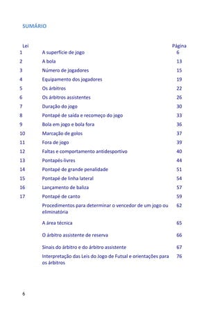 SUMÁRIO


    Lei                                                                 Página
1         A superfície de jogo                                            6
2         A bola                                                         13
3         Número de jogadores                                            15
4         Equipamento dos jogadores                                      19
5         Os árbitros                                                    22
6         Os árbitros assistentes                                        26
7         Duração do jogo                                                30
8         Pontapé de saída e recomeço do jogo                            33
9         Bola em jogo e bola fora                                       36
10        Marcação de golos                                              37
11        Fora de jogo                                                   39
12        Faltas e comportamento antidesportivo                          40
13        Pontapés-livres                                                44
14        Pontapé de grande penalidade                                   51
15        Pontapé de linha lateral                                       54
16        Lançamento de baliza                                           57
17        Pontapé de canto                                               59
          Procedimentos para determinar o vencedor de um jogo ou         62
          eliminatória

          A área técnica                                                 65

          O árbitro assistente de reserva                                66

          Sinais do árbitro e do árbitro assistente                      67
          Interpretação das Leis do Jogo de Futsal e orientações para    76
          os árbitros




    6
 