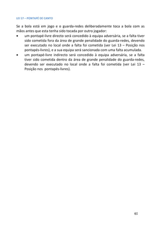 LEI 17 – PONTAPÉ DE CANTO

Se a bola está em jogo e o guarda-redes deliberadamente toca a bola com as
mãos antes que esta tenha sido tocada por outro jogador:
•    um pontapé-livre directo será concedido à equipa adversária, se a falta tiver
     sido cometida fora da área de grande penalidade do guarda-redes, devendo
     ser executado no local onde a falta foi cometida (ver Lei 13 – Posição nos
     pontapés-livres), e a sua equipa será sancionada com uma falta acumulada.
•    um pontapé-livre indirecto será concedido à equipa adversária, se a falta
     tiver sido cometida dentro da área de grande penalidade do guarda-redes,
     devendo ser executado no local onde a falta foi cometida (ver Lei 13 –
     Posição nos pontapés-livres).




                                                                           61
 