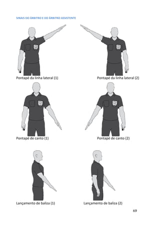 SINAIS DO ÁRBITRO E DO ÁRBITRO ASSISTENTE




Pontapé da linha lateral (1)                        Pontapé da linha lateral (2)




Pontapé de canto (1)                                Pontapé de canto (2)




Lançamento de baliza (1)                    Lançamento de baliza (2)
                                                                            69
 