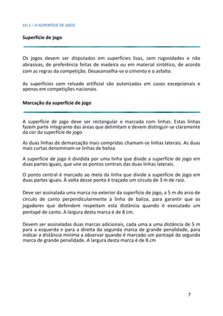 LEI 1 – A SUPERFÍCIE DE JOGO

Superfície de jogo


Os jogos devem ser disputados em superfícies lisas, sem rug rugosidades e não
abrasivas, de preferência feitas de madeira ou em material sinté
                                                           sintético, de acordo
com as regras da competição. Desaconselha-se o cimento e o asfa
                                                           asfalto.

As superfícies com relvado artificial são autorizadas em casos excepcionais e
                                                          asos
apenas em competições nacionais.

Marcação da superfície de jogo


A superfície de jogo deve ser rectangular e marcada com linhlinhas. Estas linhas
fazem parte integrante das áreas que delimitam e devem distingu
                                                           inguir-se claramente
da cor da superfície de jogo.

As duas linhas de demarcação mais compridas chamam-se linhas laterais. As duas
                                                         has
mais curtas denominam-se linhas de baliza.

A superfície de jogo é dividida por uma linha que divide a super
                                                               perfície de jogo em
duas partes iguais, que une os pontos centrais das duas linhas late
                                                               laterais.

O ponto central é marcado ao meio da linha que divide a super  perfície de jogo em
duas partes iguais. À volta desse ponto é traçado um círculo de 3 m de raio.
                                                              e

Deve ser assinalada uma marca no exterior da superfície de jogo, a 5 m do arco de
                                                             go,
círculo de canto perpendicularmente à linha de baliza, para garantir que os
                                                             ara
jogadores que defendem respeitam esta distância quando é executado um
                                                             o
pontapé de canto. A largura desta marca é de 8 cm.

Devem ser assinaladas duas marcas adicionais, cada uma a uma d
                                                           ma distância de 5 m
para a esquerda e para a direita da segunda marca de grande penalidade, para
                                                            de p
indicar a distância mínima a observar quando é marcado um pont
                                                           pontapé da segunda
marca de grande penalidade. A largura desta marca é de 8 cm




                                                                            7
 