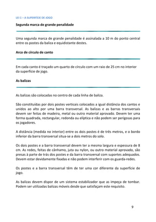 LEI 1 – A SUPERFÍCIE DE JOGO

Segunda marca de grande penalidade


Uma segunda marca de grande penalidade é assinalada a 10 m do ponto central
                                                           d
entre os postes da baliza e equidistante destes.

Arco de círculo de canto


Em cada canto é traçado um quarto de círculo com um raio de 25 cm no interior
da superfície de jogo.

As balizas


As balizas são colocadas no centro de cada linha de baliza.

São constituídas por dois postes verticais colocados a igual distân dos cantos e
                                                               stância
unidos ao alto por uma barra transversal. As balizas e as barras transversais
                                                                bar
devem ser feitas de madeira, metal ou outro material aprovado. Devem ter uma
                                                                do.
forma quadrada, rectangular, redonda ou elíptica e não podem se perigosas para
                                                              m ser
os jogadores.

A distância (medida no interior) entre os dois postes é de três metros, e o bordo
                                                              sm
inferior da barra transversal situa-se a dois metros do solo.

Os dois postes e a barra transversal devem ter a mesma largura e espessura de 8
                                                               ra
cm. As redes, feitas de cânhamo, juta ou nylon, ou outro materia aprovado, são
                                                              terial
presas à parte de trás dos postes e da barra transversal com supo
                                                              uportes adequados.
Devem estar devidamente fixadas e não podem interferir com os guarda-redes.
                                                                  g

Os postes e a barra transversal têm de ter uma cor diferente d superfície de
                                                          te da
jogo.

As balizas devem dispor de um sistema estabilizador que as impimpeça de tombar.
Podem ser utilizadas balizas móveis desde que satisfaçam este requisito.
                                                              req




                                                                           9
 