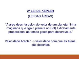 2ª LEI DE KEPLER
(LEI DAS ÁREAS)
“A área descrita pelo raio vetor de um planeta (linha
imaginária que liga o planeta ao Sol) é diretamente
proporcional ao tempo gasto para descrevê-la.”
Velocidade Areolar  velocidade com que as áreas
são descritas.
FÍSICA, Série 1º ANO
Tópico – LEIS DE KEPLER
 