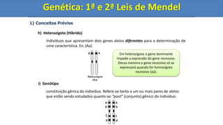 1) Conceitos Prévios
h) Heterozigoto (Híbrido)
Indivíduos que apresentam dois genes alelos diferentes para a determinação de
uma característica. Ex: (Aa)
i) Genótipo
constituição gênica do indivíduo. Refere-se tanto a um ou mais pares de alelos
que estão sendo estudados quanto ao “pool” (conjunto) gênico do indivíduo.
Genética: 1ª e 2ª Leis de Mendel
Em heterozigose o gene dominante
impede a expressão do gene recessivo.
Dessa maneira o gene recessivo só se
expressará quando for homozigoto
recessivo (aa).
Genética: 1ª e 2ª Leis de Mendel
 