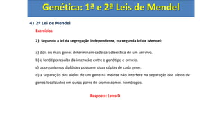 4) 2ª Lei de Mendel
Exercícios
2) Segundo a lei da segregação independente, ou segunda lei de Mendel:
a) dois ou mais genes determinam cada característica de um ser vivo.
b) o fenótipo resulta da interação entre o genótipo e o meio.
c) os organismos diplóides possuem duas cópias de cada gene.
d) a separação dos alelos de um gene na meiose não interfere na separação dos alelos de
genes localizados em ouros pares de cromossomos homólogos.
Genética: 1ª e 2ª Leis de Mendel
Resposta: Letra D
 