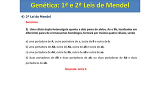 4) 2ª Lei de Mendel
Exercícios
3) Uma célula duplo-heterozigota quanto a dois pares de alelos, Aa e Bb, localizados em
diferentes pares de cromossomos homólogos, formará por meiose quatro células, sendo
a) uma portadora de A, outra portadora de a, outra de B e outra de b
b) uma portadora de AB, outra de Ab, outra de aB e outra de ab.
c) uma portadora de AA, outra de Ab, outra de aB e outra de aa.
d) duas portadoras de AB e duas portadoras de ab, ou duas portadoras de Ab e duas
portadoras de aB.
Genética: 1ª e 2ª Leis de Mendel
Resposta: Letra b
 