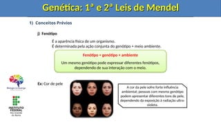 1) Conceitos Prévios
j) Fenótipo
É a aparência física de um organismo.
É determinada pela ação conjunta do genótipo + meio ambiente.
Ex: Cor de pele
Genética: 1ª e 2ª Leis de Mendel
Genética: 1ª e 2ª Leis de Mendel
Fenótipo = genótipo + ambiente
Um mesmo genótipo pode expressar diferentes fenótipos,
dependendo de sua interação com o meio.
A cor da pele sofre forte influência
ambiental; pessoas com mesmo genótipo
podem apresentar diferentes tons de pele,
dependendo da exposição à radiação ultra-
violeta.
Genética: 1ª e 2ª Leis de Mendel
Genética: 1ª e 2ª Leis de Mendel
 