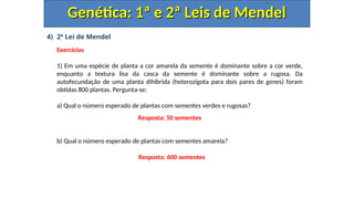 4) 2ª Lei de Mendel
Exercícios
1) Em uma espécie de planta a cor amarela da semente é dominante sobre a cor verde,
enquanto a textura lisa da casca da semente é dominante sobre a rugosa. Da
autofecundação de uma planta dihíbrida (heterozigota para dois pares de genes) foram
obtidas 800 plantas. Pergunta-se:
a) Qual o número esperado de plantas com sementes verdes e rugosas?
b) Qual o número esperado de plantas com sementes amarela?
Genética: 1ª e 2ª Leis de Mendel
Genética: 1ª e 2ª Leis de Mendel
Resposta: 50 sementes
Resposta: 600 sementes
 