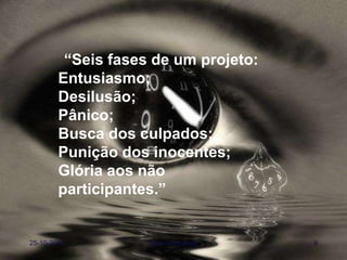 “Seis fases de um projeto:
        Entusiasmo;
        Desilusão;
        Pânico;
        Busca dos culpados;
        Punição dos inocentes;
        Glória aos não
        participantes.”


25-10-2012          Sara Gonçalves    9
 