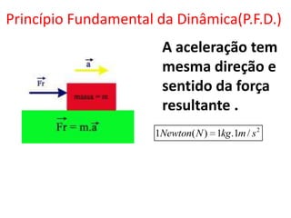 Princípio Fundamental da Dinâmica(P.F.D.)
                       A aceleração tem
                       mesma direção e
                       sentido da força
                       resultante .
                      1Newton( N ) 1kg.1m / s 2
 