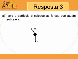 Resposta 3
a) Isole a partícula e coloque as forças que atuam
   sobre ela.

                     N




                         P
 