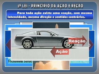 Para toda ação existe uma reação, com mesmaPara toda ação existe uma reação, com mesma
intensidade, mesma direção e sentidos contrários.intensidade, mesma direção e sentidos contrários.
Para toda ação existe uma reação, com mesmaPara toda ação existe uma reação, com mesma
intensidade, mesma direção e sentidos contrários.intensidade, mesma direção e sentidos contrários.
 