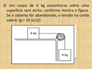 3) Um corpo de 4 kg encontra-se sobre uma
  superfície sem atrito, conforme mostra a figura.
  Se o sistema for abandonado, a tensão na corda
  valerá: (g = 10 m/s2)
 